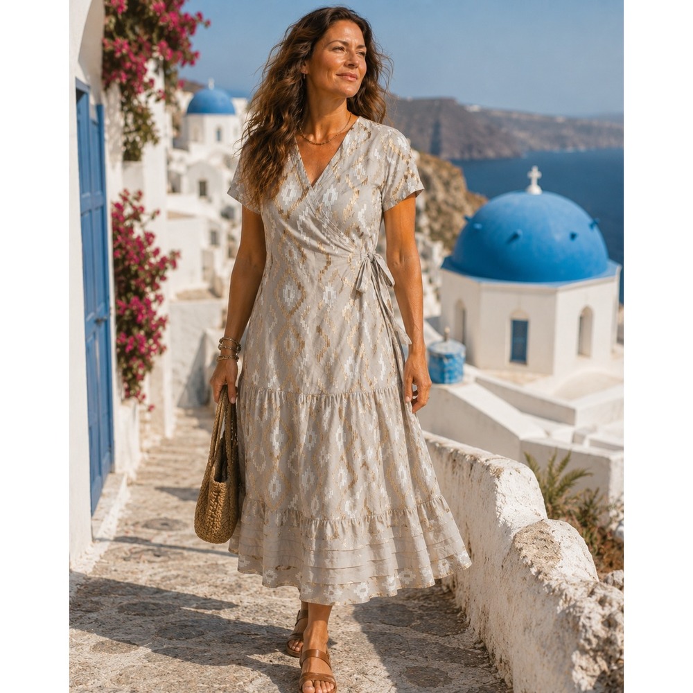 Greek Archaic Kori Geometric Metallic Embroidered Wrap Dress Midi Large